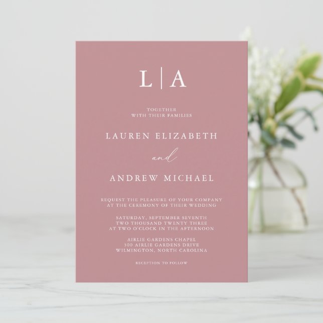 Dusty Rose Monogram Simple Minimalist Wedding Invitation (Standing Front)