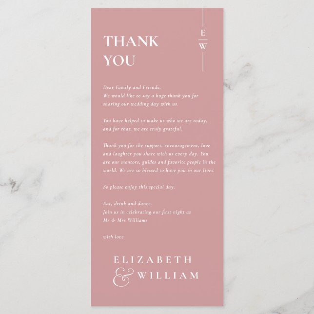 Dusty Rose Monogram Wedding Thank You Place Card (Front)