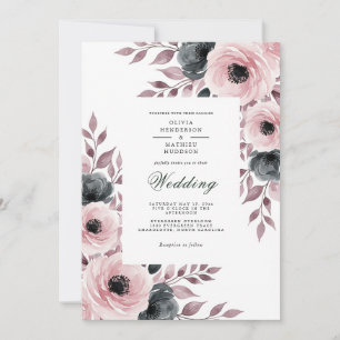 Dusty Rose Moody Floral Wedding Invitation