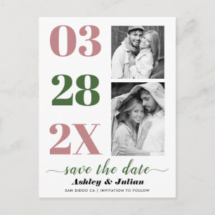 Dusty rose, moss green two photo Save the Date Postcard