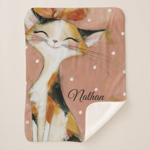 Dusty Rose Mustard Ochre Custom Name Script Cat Sherpa Blanket