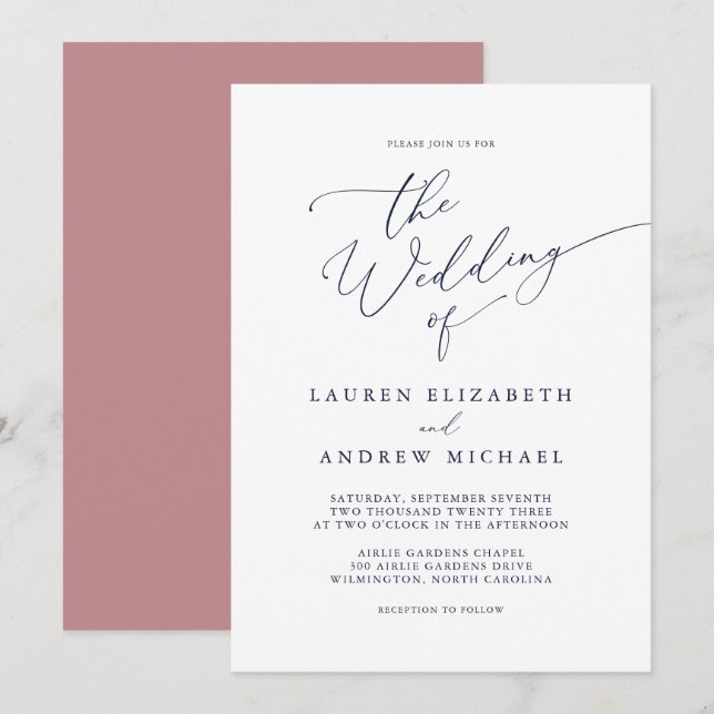 Dusty Rose & Navy Blue Wedding Invitation (Front/Back)