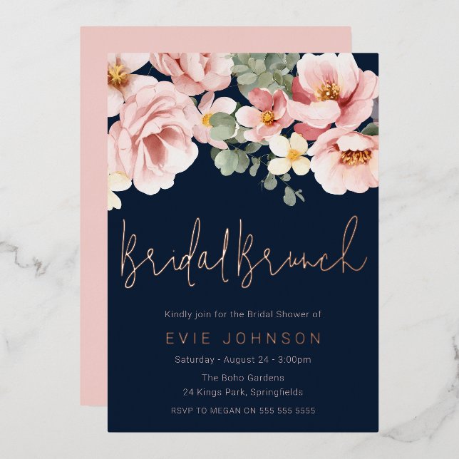 Dusty Rose Navy Bridal Shower Brunch Rose Gold (Front/Back)