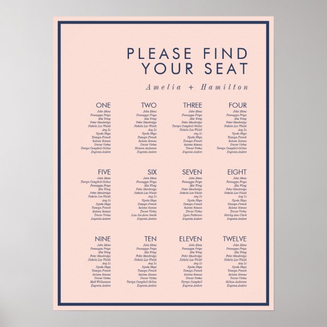 Dusty Rose & Navy Modern Minimal Wedding Seating Poster (Front)