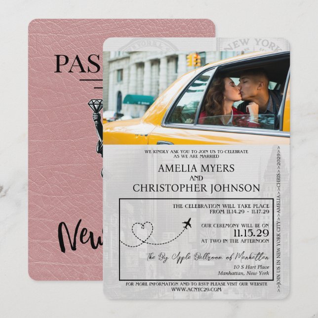 Dusty Rose New York City Passport Wedding Invitation (Front/Back)