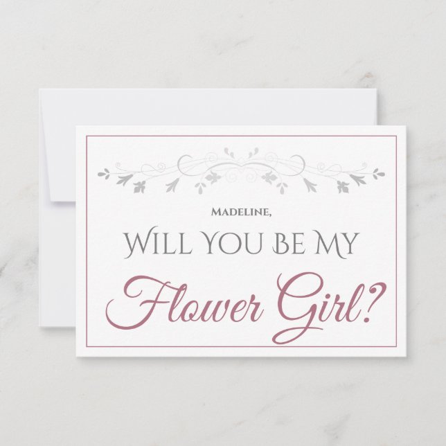 Dusty Rose on White Elegant Be My Flower Girl Card (Front)