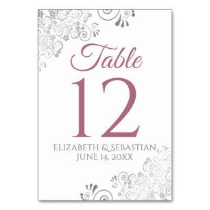 Dusty Rose on White Elegant Filigree Wedding Table Number