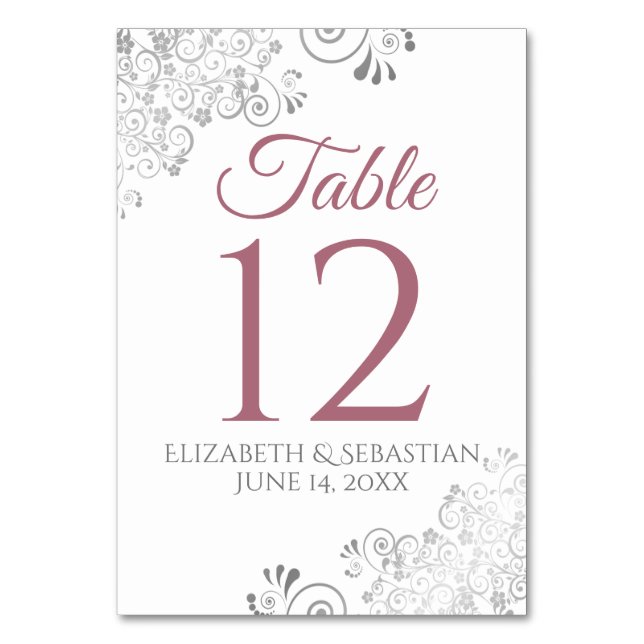 Dusty Rose on White Elegant Filigree Wedding Table Number (Front)