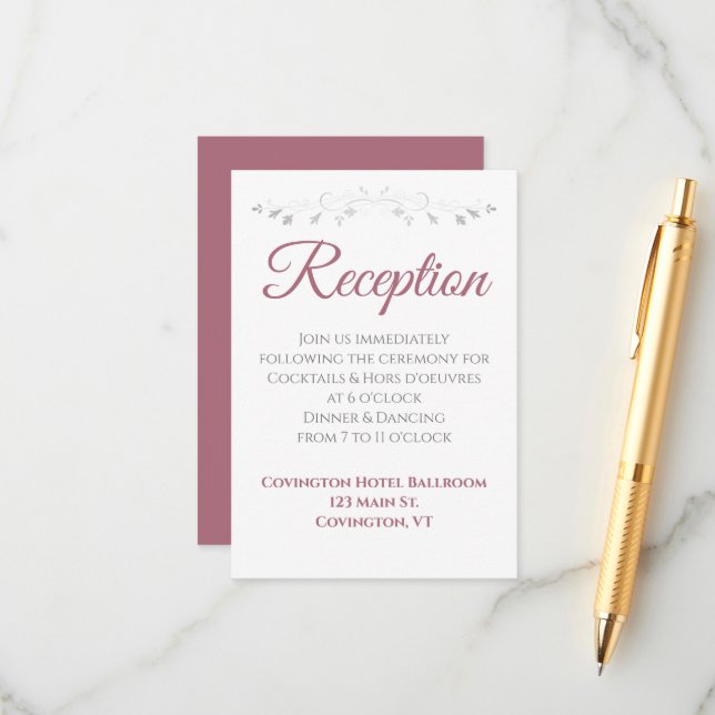 Dusty Rose on White Elegant Wedding Reception Enclosure Card (Front/Back In Situ)