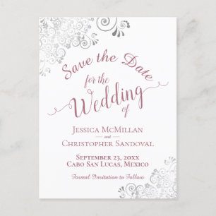 Dusty Rose on White Lacy Wedding Save the Date Announcement Postcard