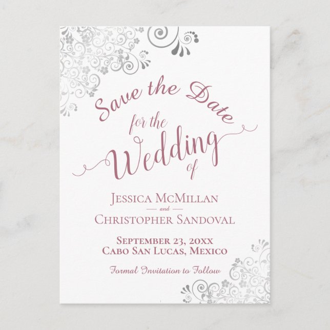 Dusty Rose on White Lacy Wedding Save the Date Announcement Postcard (Front)