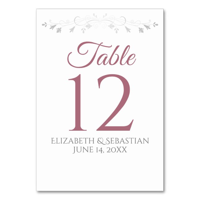 Dusty Rose on White Simple Elegant Wedding Table Number (Front)