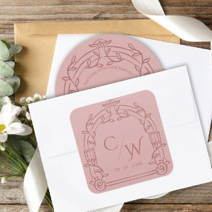 Dusty Rose Ornate Arch Botanical Wedding Envelope Square Sticker