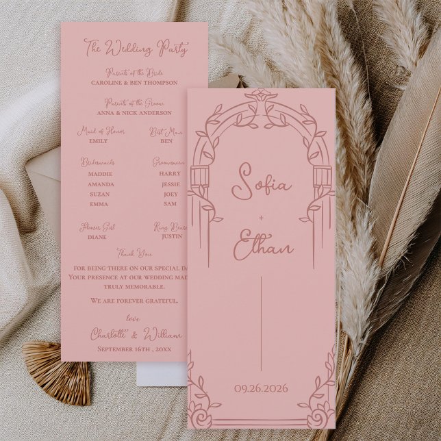Dusty Rose Ornate Arch Botanical Wedding Program Invitation (Elegant Dusty Rose Ornate Arch Botanical Wedding Program Card)