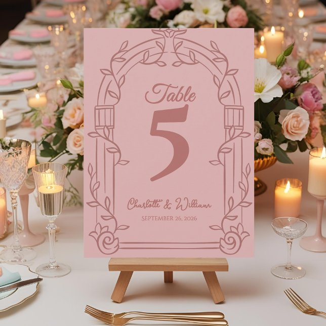 Dusty Rose Ornate Arch Wedding Table Number Card (Elegant Dusty Rose Ornate Arch Botanical Wedding Table Number Card)