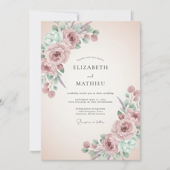 Dusty Rose Painterly Blooms Wedding Invitation (Front)