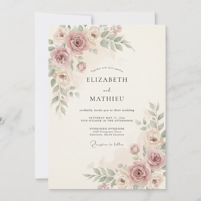 Dusty Rose Painterly Blossom Wedding Invitation (Front)