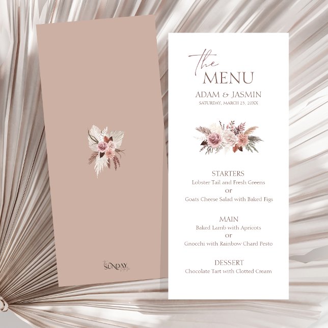 Dusty Rose Pampas Boho Wedding Menu (Boho Dusty Pink Dried Flowers Pampas Grass Wedding Menu)