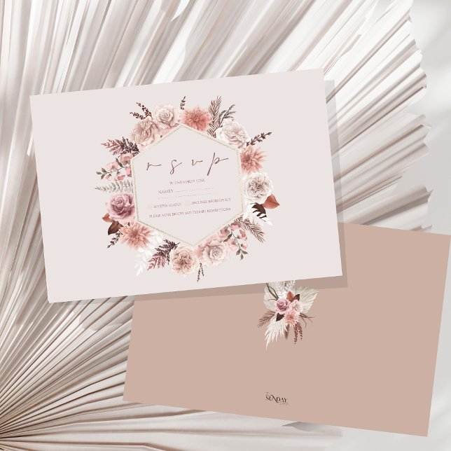 Dusty Rose Pampas Boho Wedding RSVP Card (Boho Dusty Pink Dried Flowers Wreath Wedding RSVP Card)