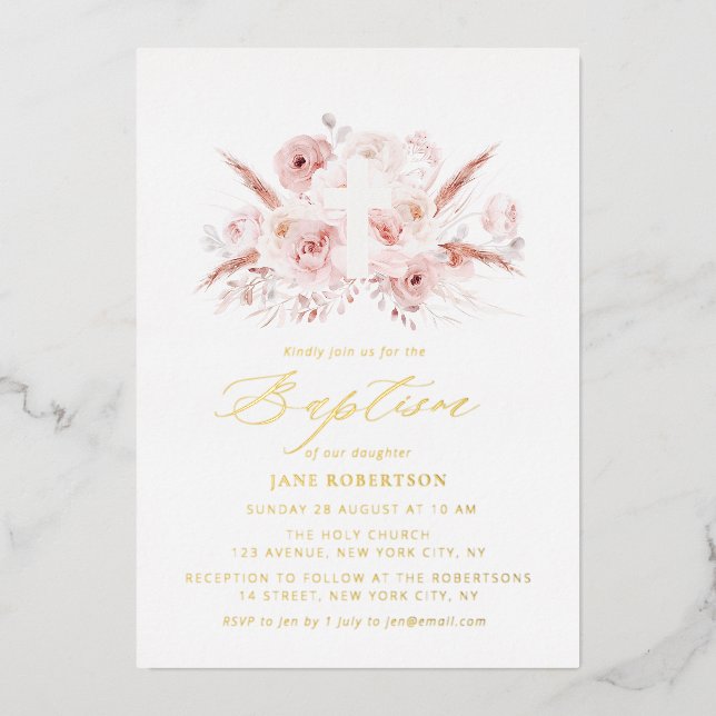 dusty rose pampas floral cross baptism  (Front)