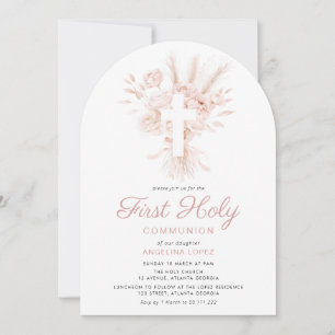 dusty rose pampas floral first communion invitation