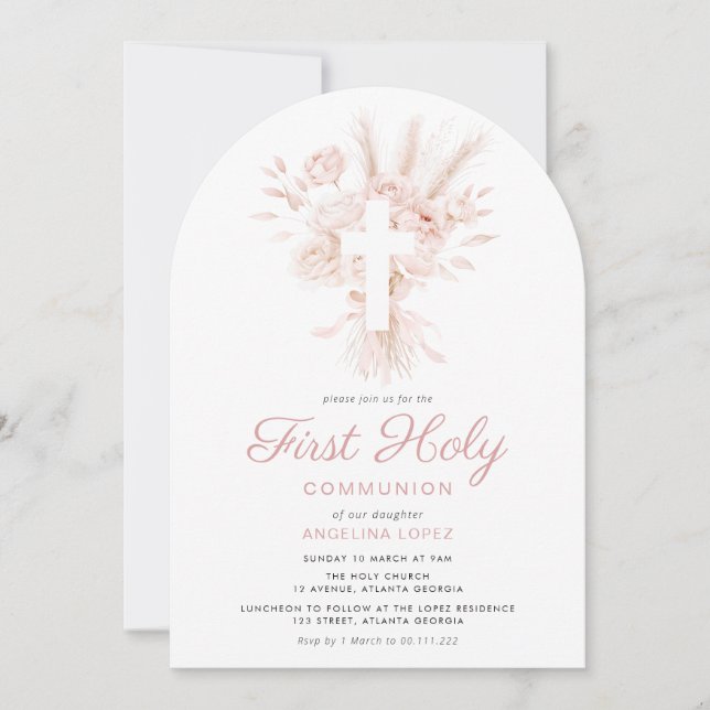 dusty rose pampas floral first communion invitation (Front)