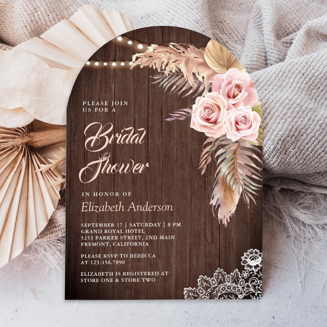 Dusty Rose Pampas Grass Arch Wood Bridal Shower Invitation (Creator Uploaded)