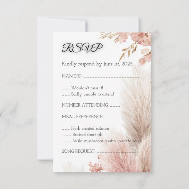 Dusty rose pampas grass RSVP card invitation (Front)