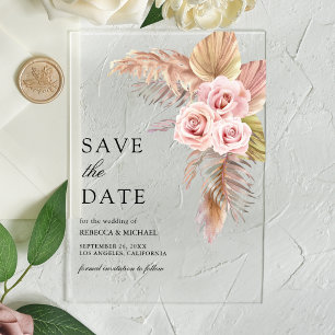 Dusty Rose Pampas Grass Wedding Save the Date Acrylic Invitations