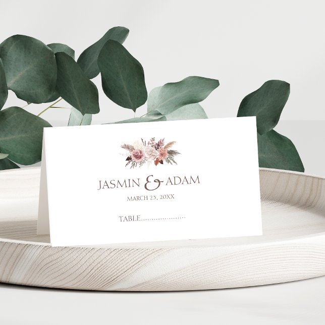 Dusty Rose Pampas Wedding Table Place Card (Boho Dusty Pink Dried Flowers Pampas Grass Wedding Place Card)