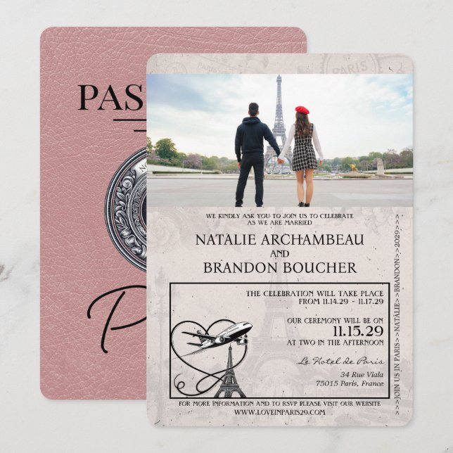 Dusty Rose Paris Passport Wedding Invitation (Front/Back)