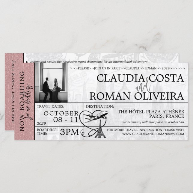Dusty Rose Paris Wedding Boarding Pass Invitation (Front/Back)