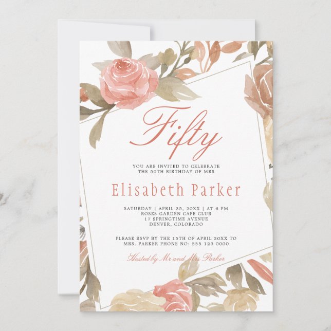 Dusty Rose Peach Cream Floral 50th Birthday Party Invitation (Front)