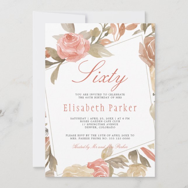 Dusty Rose Peach Cream Floral 60th Birthday Party Invitation (Front)