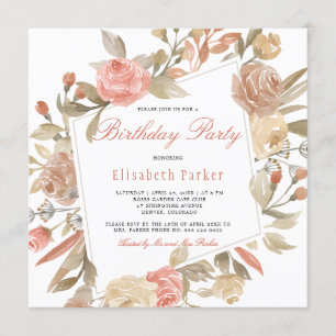 Dusty Rose Peach Cream Floral Birthday Party Invitation