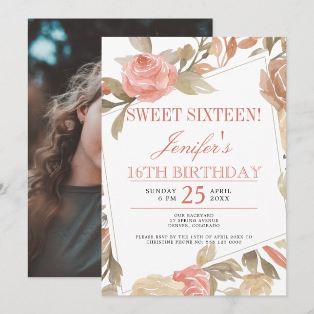 Dusty Rose Peach Cream Floral Sweet Sixteen PHOTO Invitation (Front/Back)
