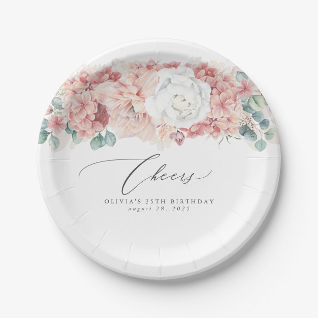 Dusty Rose Peach Floral Elegant Botanical Paper Plate (Front)