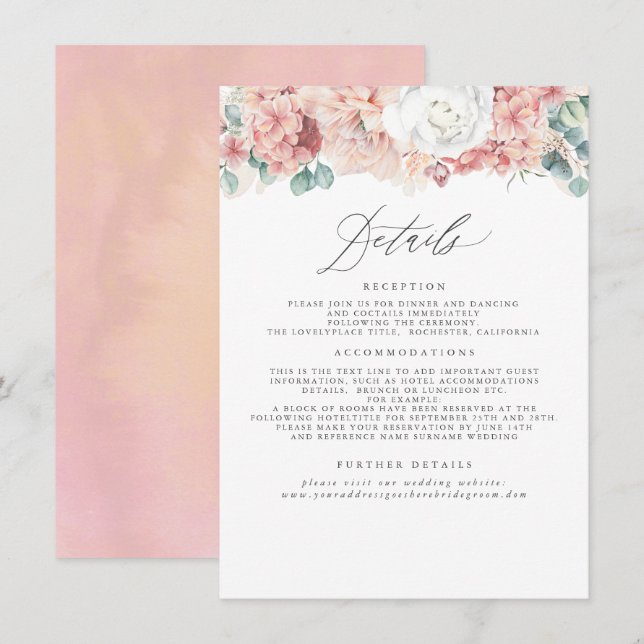 Dusty Rose Peach Floral Wedding Information Enclosure Card (Front/Back)