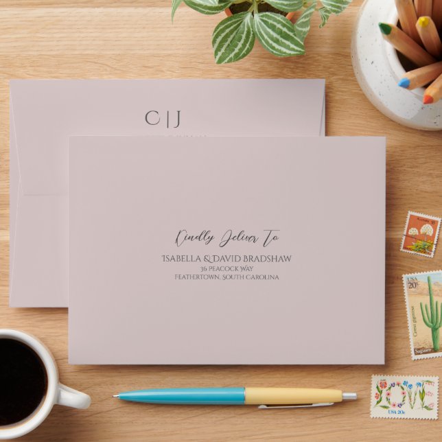 Dusty Rose Peacock Chinoiserie Wedding Envelope (Desk)