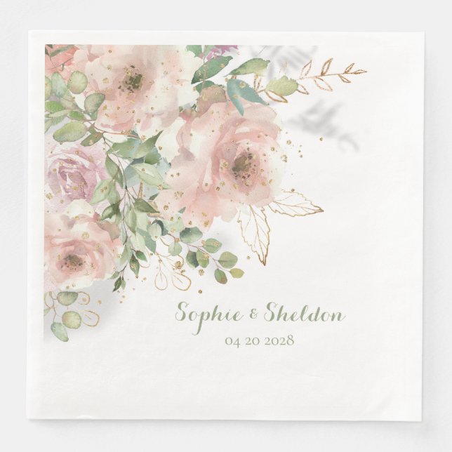 Dusty Rose Peony Eucalyptus Sparkling Gold Floral  Napkin (Front)
