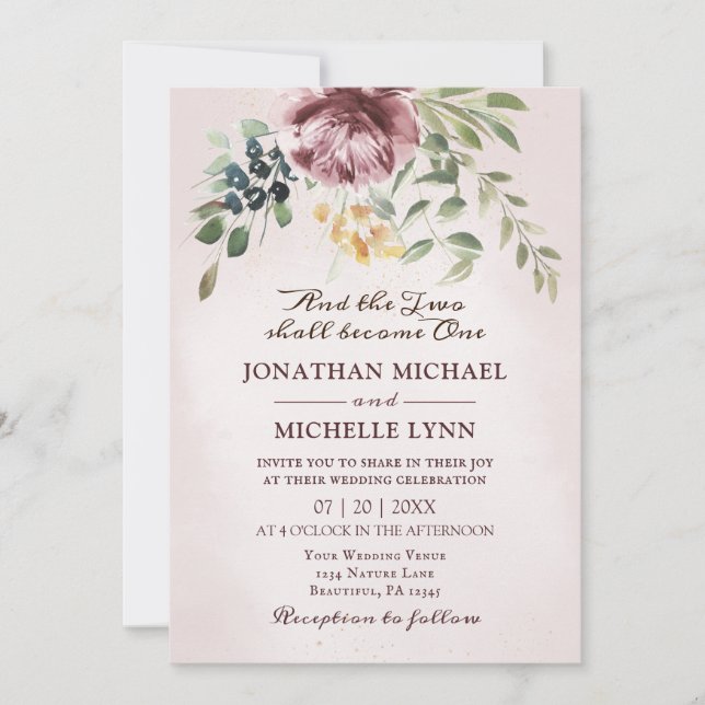 Dusty Rose Peony Floral Greenery Christian Wedding Invitation (Front)