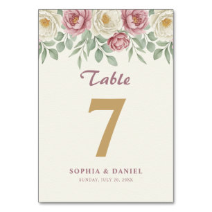 Dusty Rose Peony Floral Wedding Table Number Card