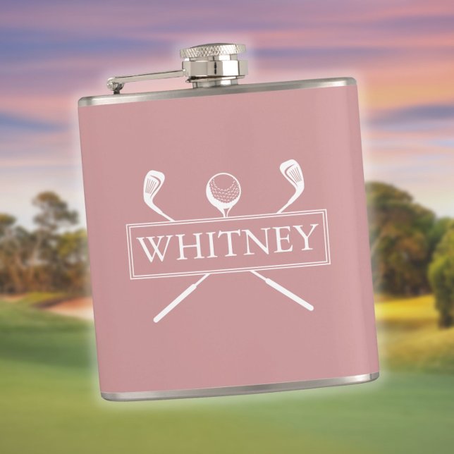 Dusty Rose Personalised Name Clubs And Ball Hip Flask (Dusty Rose Personalized Name Clubs And Ball Flask)
