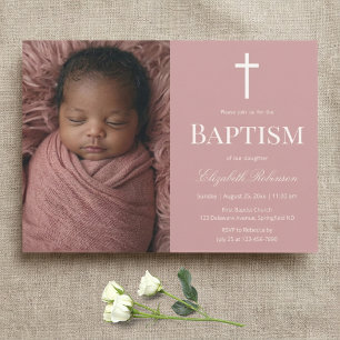 Dusty Rose Photo Baptism Invitation for Girl