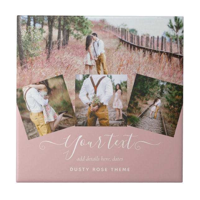 Dusty Rose PHOTO COLLAGE Custom WEDDING GIFT Tile (Front)