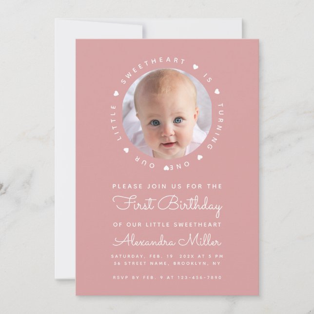 Dusty Rose Photo Girl Birthday Little Sweetheart  Invitation (Front)