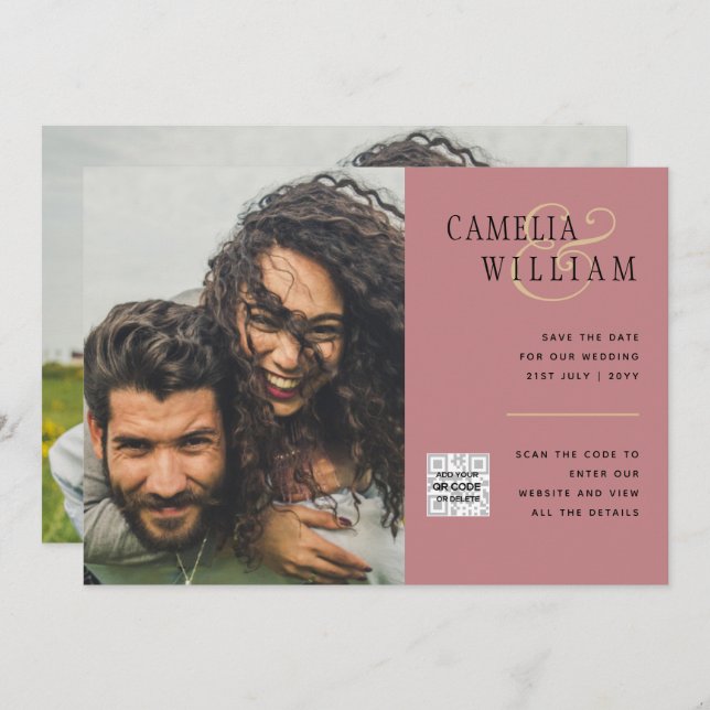 Dusty ROSE Photo Wedding Invite QR Code Save Date (Front/Back)