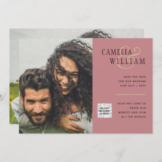 Dusty ROSE Photo Wedding Invite QR Code Save Date