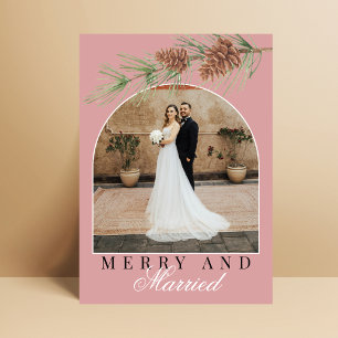 Dusty Rose Pine Merry & Married Photo Christmas Holiday Card
