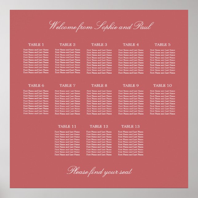 Dusty Rose Pink 13 Table Seating Chart Poster (Front)